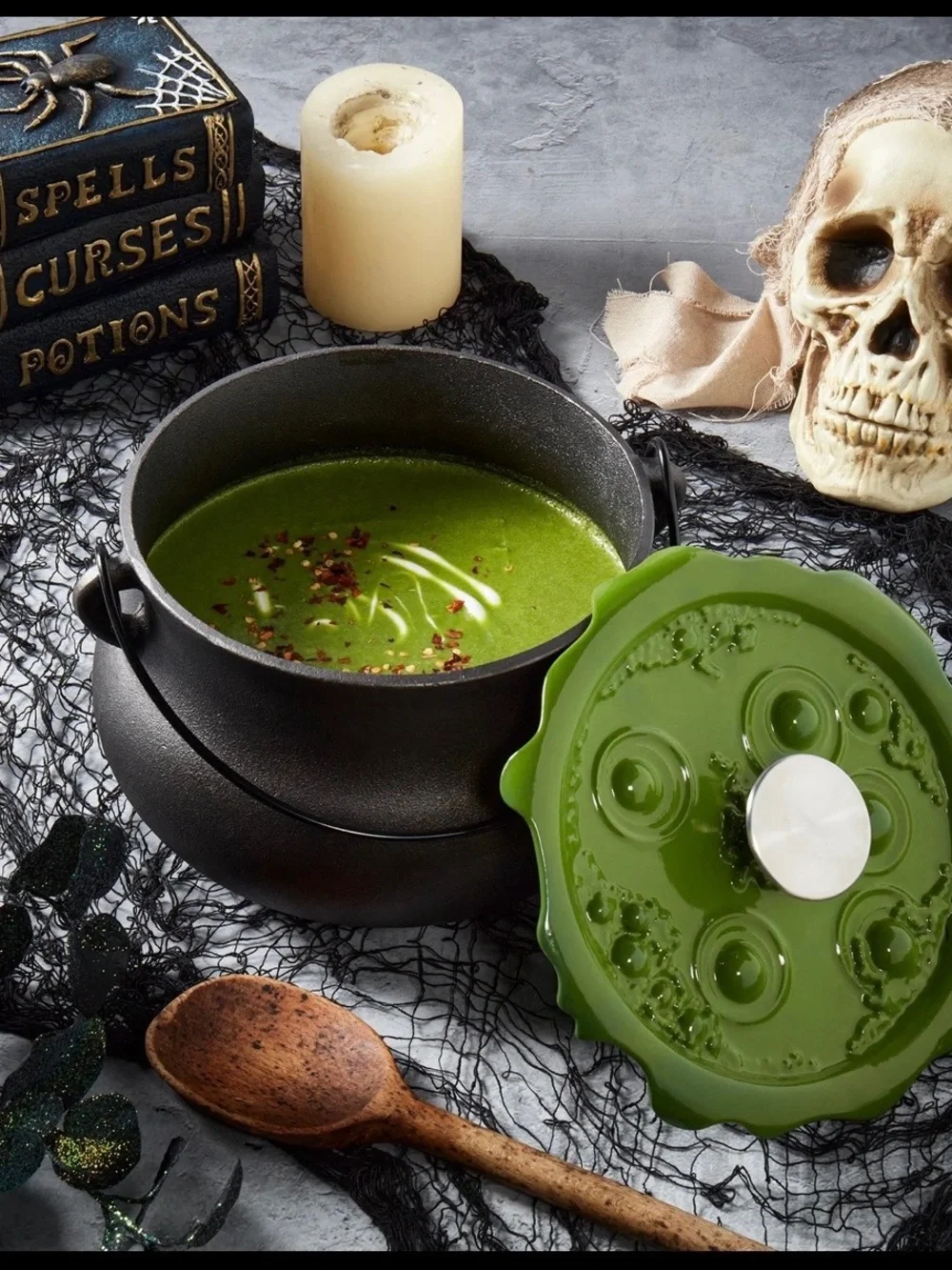 Smith & Clark Cast Iron Enamel 4 Qt Cauldron Pot w/ Lid & Handle, Black/Green